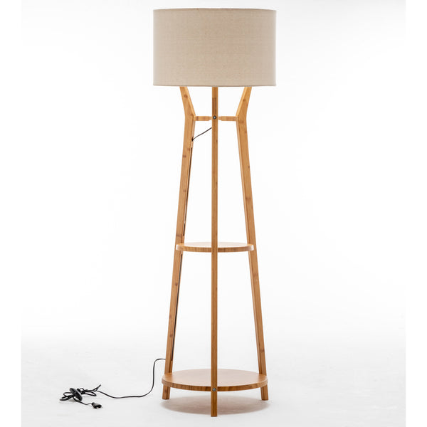 Bamboo Wooden Tripod Floor Lamp Light Linen Shade Shelves 168cm