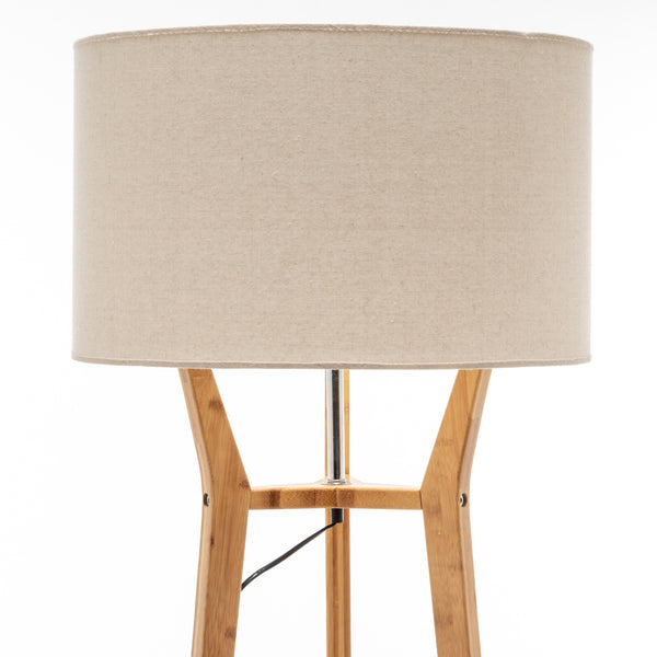 Bamboo Wooden Tripod Floor Lamp Light Linen Shade Shelves 168cm