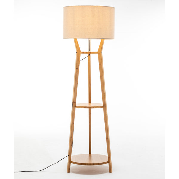 Bamboo Wooden Tripod Floor Lamp Light Linen Shade Shelves 168cm