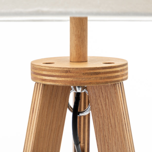 Rubberwood Wooden Tripod Floor Lamp Light Round Shelf Off White Linen Shade