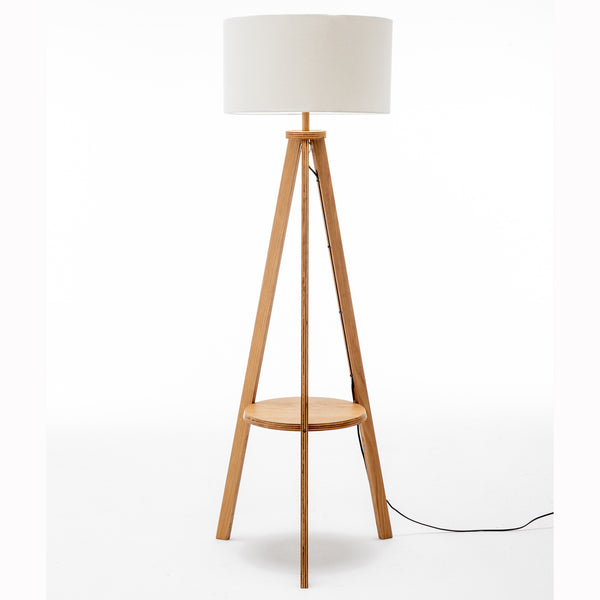 Rubberwood Wooden Tripod Floor Lamp Light Round Shelf Off White Linen Shade