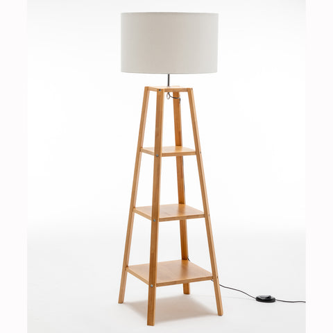 Eiffel Rubberwood 3 Tier Floor Lamp Light Shelves Off White Linen Shade