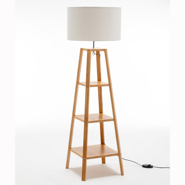 Eiffel Rubberwood 3 Tier Floor Lamp Light Shelves Off White Linen Shade
