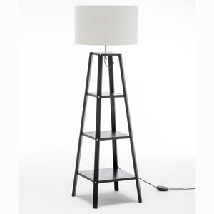 Eiffel Rubberwood 3 Tier Floor Lamp Light Shelves Off White Linen Shade Black