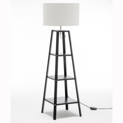 Eiffel Rubberwood 3 Tier Floor Lamp Light Shelves Off White Linen Shade Black