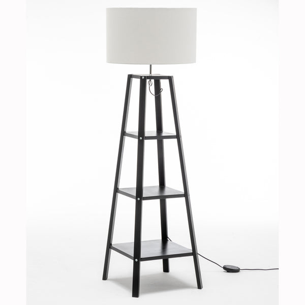Eiffel Rubberwood 3 Tier Floor Lamp Light Shelves Off White Linen Shade Black