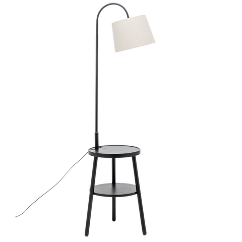 Naples Rubberwood Tripod Floor Lamp Light Shelf USB Charger Linen Shade