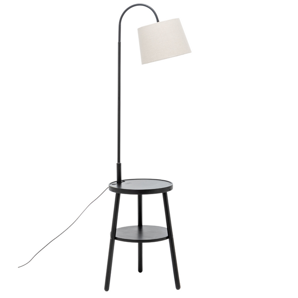 Naples Rubberwood Tripod Floor Lamp Light Shelf USB Charger Linen Shade