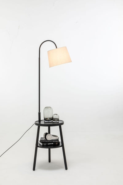 Naples Rubberwood Tripod Floor Lamp Light Shelf USB Charger Linen Shade