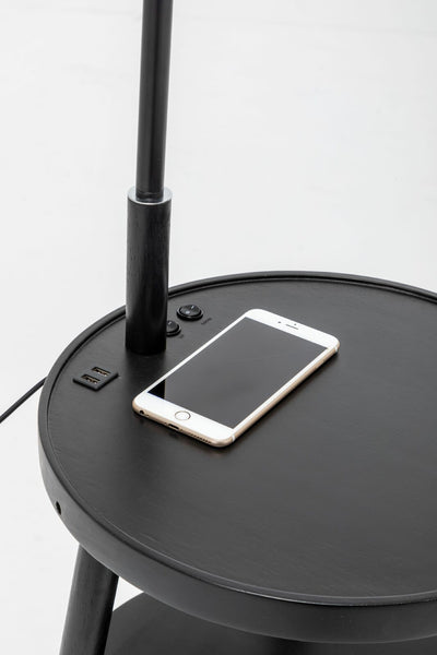 Naples Rubberwood Tripod Floor Lamp Light Shelf USB Charger Linen Shade