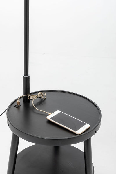 Naples Rubberwood Tripod Floor Lamp Light Shelf USB Charger Linen Shade