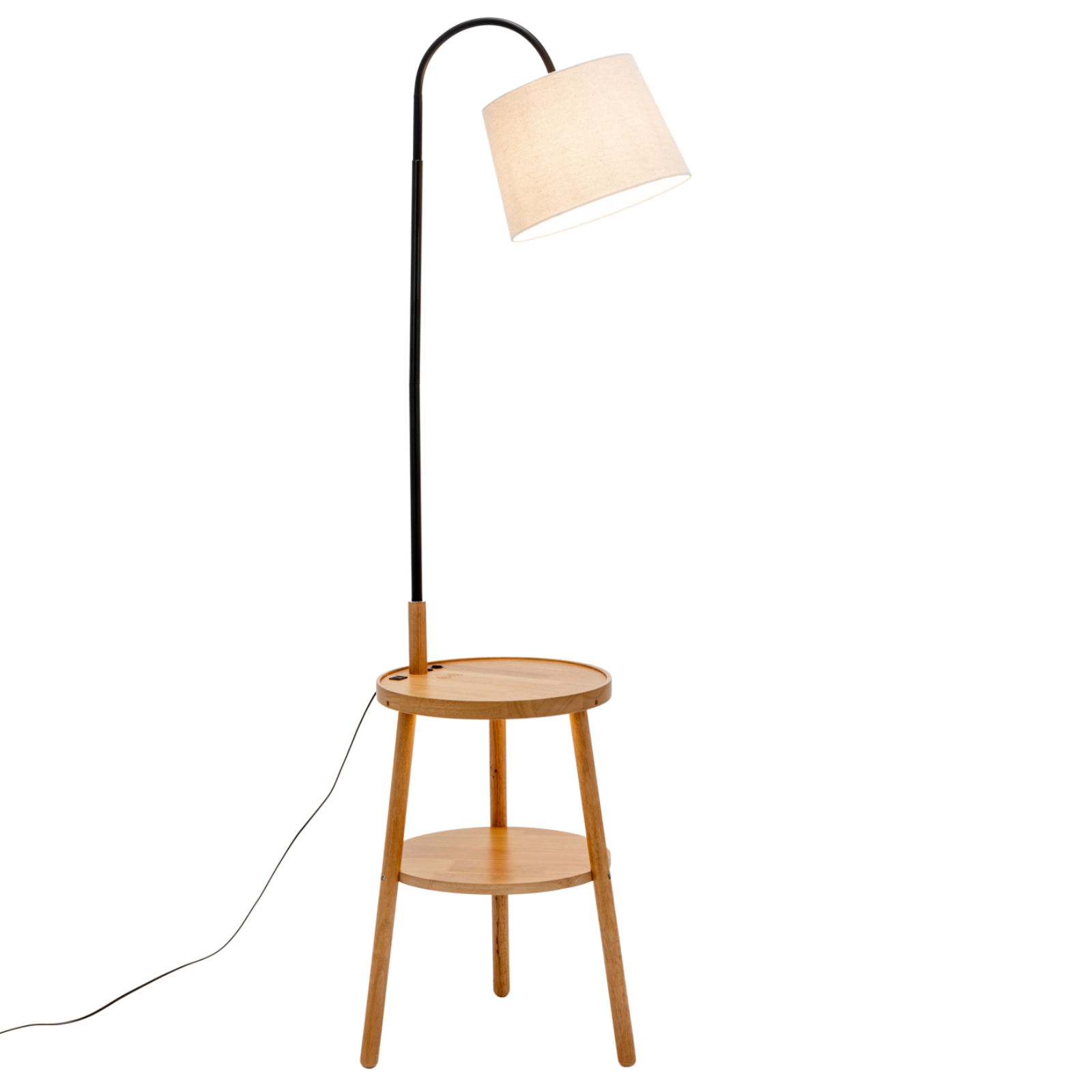 Naples Rubberwood Tripod Floor Lamp Light Shelf USB Charger Linen Shade
