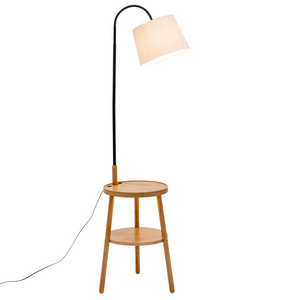 Naples Rubberwood Tripod Floor Lamp Light Shelf USB Charger Linen Shade