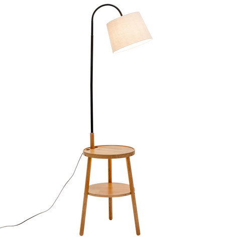 Naples Rubberwood Tripod Floor Lamp Light Shelf USB Charger Linen Shade