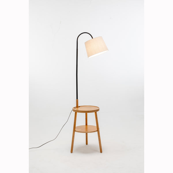 Naples Rubberwood Tripod Floor Lamp Light Shelf USB Charger Linen Shade