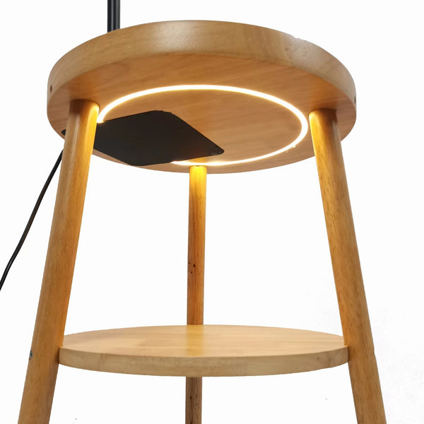 Naples Rubberwood Tripod Floor Lamp Light Shelf USB Charger Linen Shade