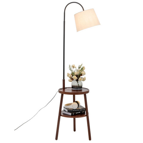 Naples Rubberwood Tripod Floor Lamp Light Shelf USB Charger Linen Shade