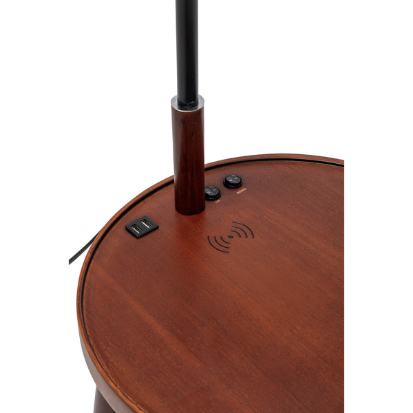 Naples Rubberwood Tripod Floor Lamp Light Shelf USB Charger Linen Shade