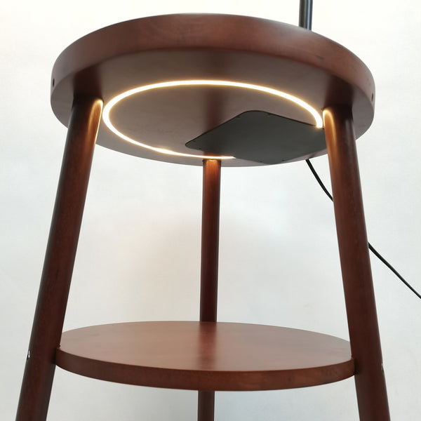 Naples Rubberwood Tripod Floor Lamp Light Shelf USB Charger Linen Shade