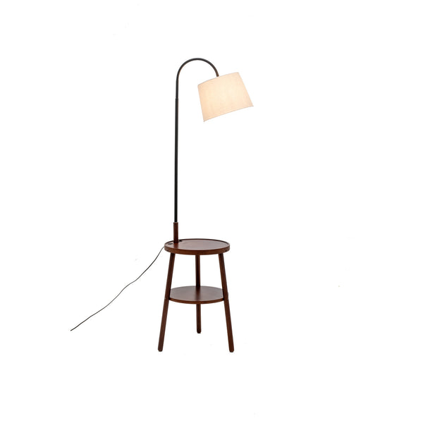 Naples Rubberwood Tripod Floor Lamp Light Shelf USB Charger Linen Shade