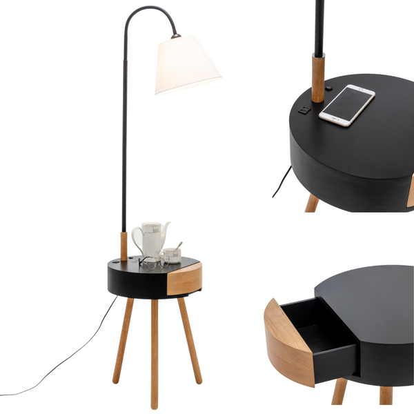 Florence Rubberwood Tripod Floor Side Lamp Light Shelf USB Charger Linen Shade