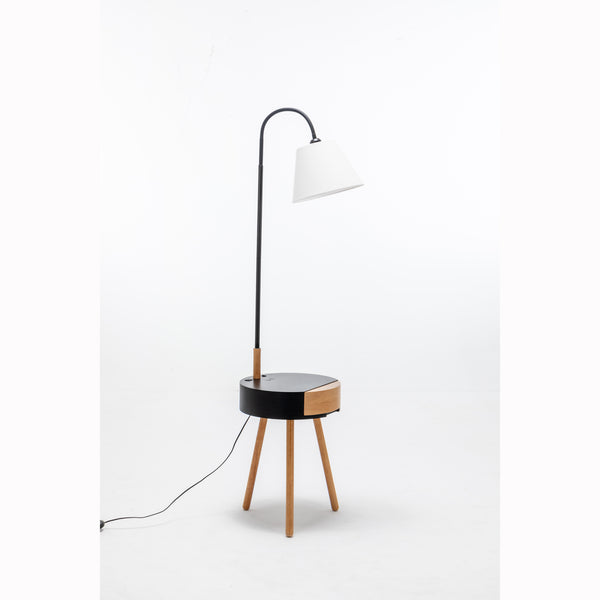 Florence Rubberwood Tripod Floor Side Lamp Light Shelf USB Charger Linen Shade