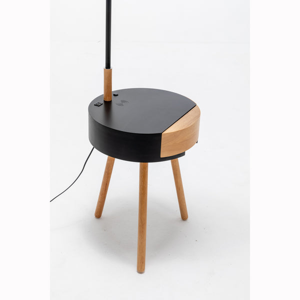 Florence Rubberwood Tripod Floor Side Lamp Light Shelf USB Charger Linen Shade