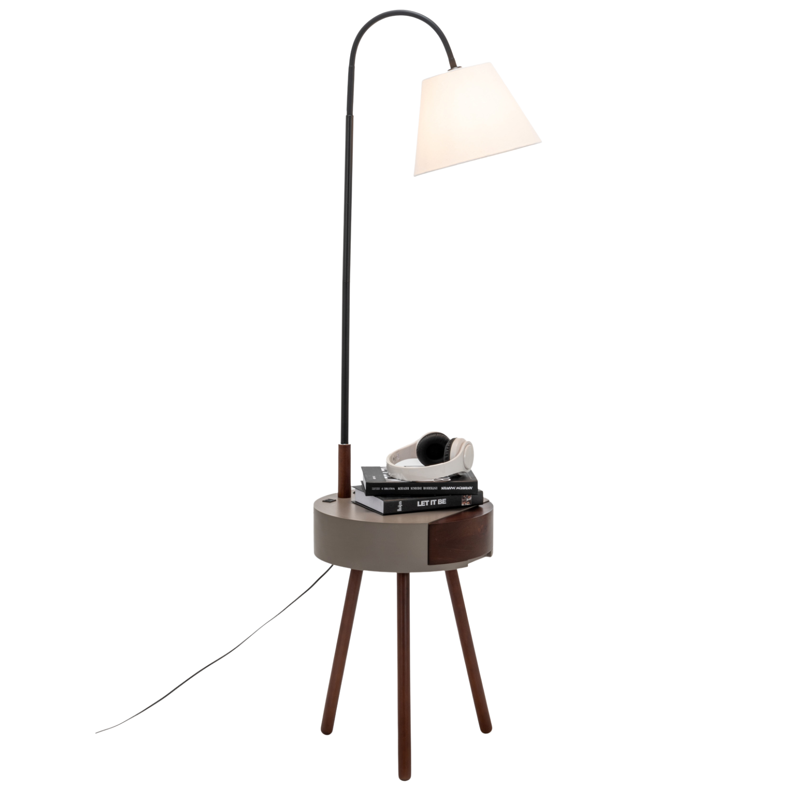 Florence Rubberwood Tripod Floor Side Lamp Light Shelf USB Charger Linen Shade