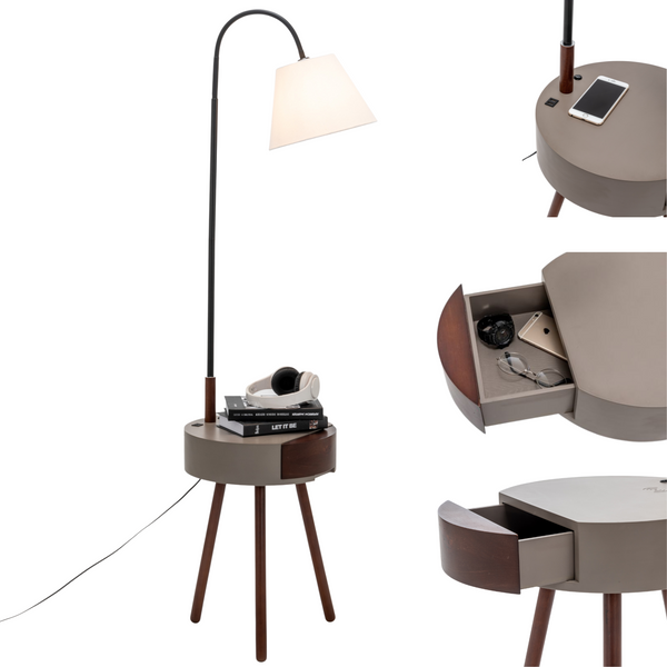 Florence Rubberwood Tripod Floor Side Lamp Light Shelf USB Charger Linen Shade