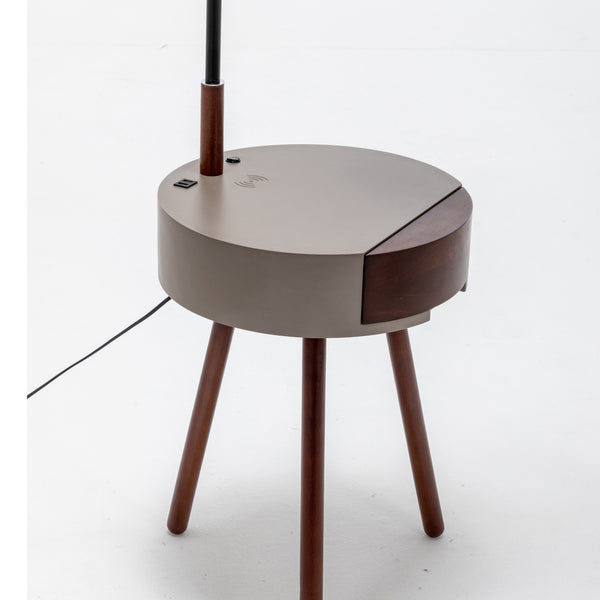 Florence Rubberwood Tripod Floor Side Lamp Light Shelf USB Charger Linen Shade