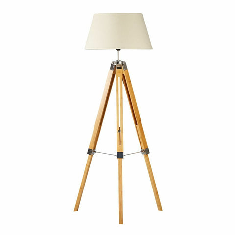Large Tripod Floor Lamp Light Linen Shade Modern Bamboo Vintage Wooden Retro
