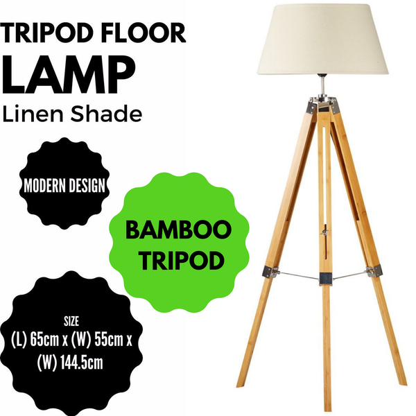 Large Tripod Floor Lamp Light Linen Shade Modern Bamboo Vintage Wooden Retro
