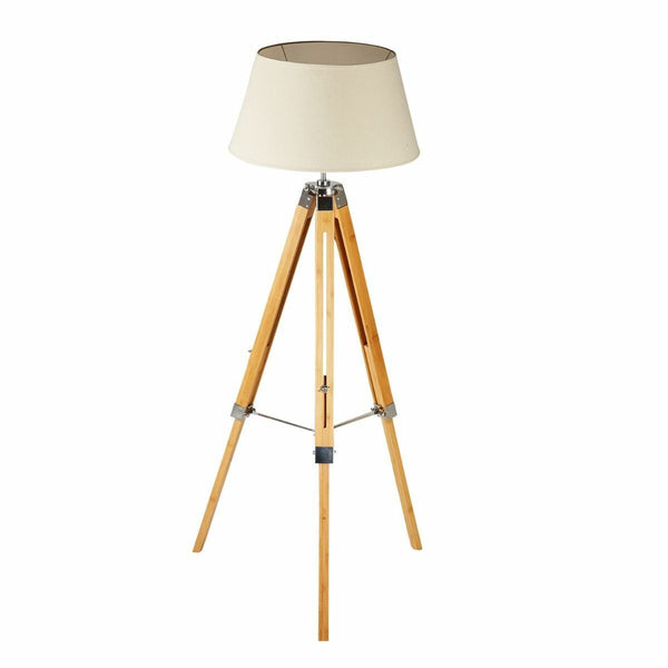 Large Tripod Floor Lamp Light Linen Shade Modern Bamboo Vintage Wooden Retro