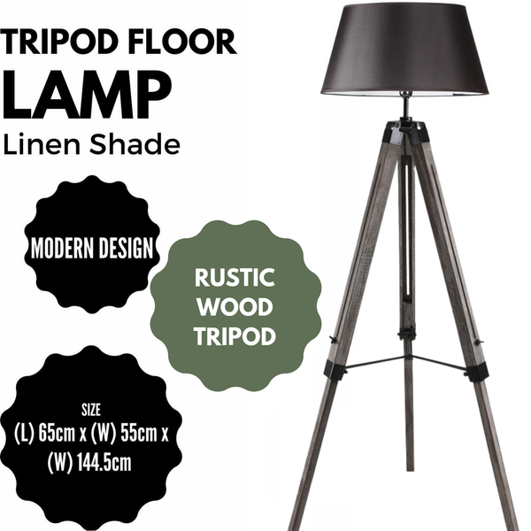 Large Tripod Floor Lamp Light Linen Shade Modern Vintage Wooden Retro Black