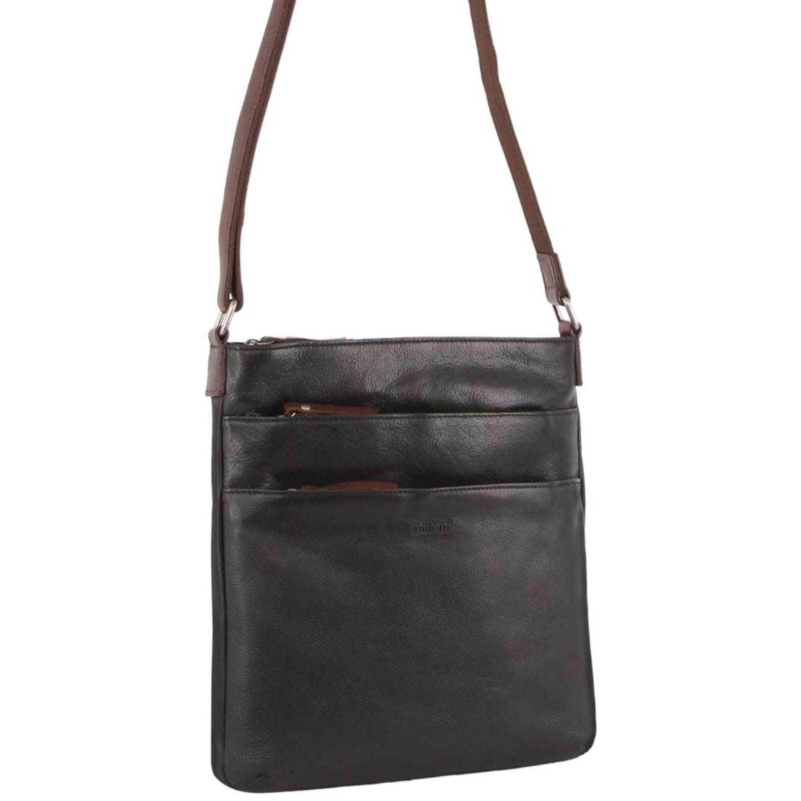 Milleni Womens Italian Nappa Leather Crossbody Travel Bag Black Chestnut
