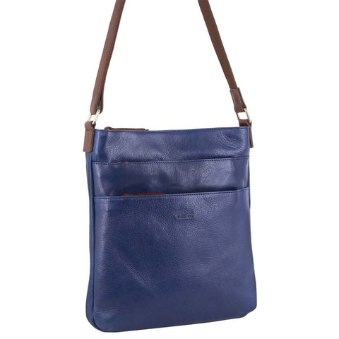Milleni Womens Italian Nappa Leather Crossbody Travel Bag Indigo Chestnut