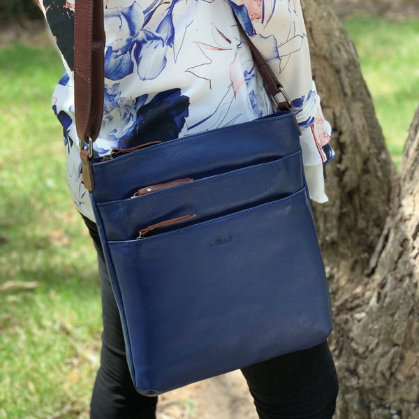 Milleni Womens Italian Nappa Leather Crossbody Travel Bag Indigo Chestnut
