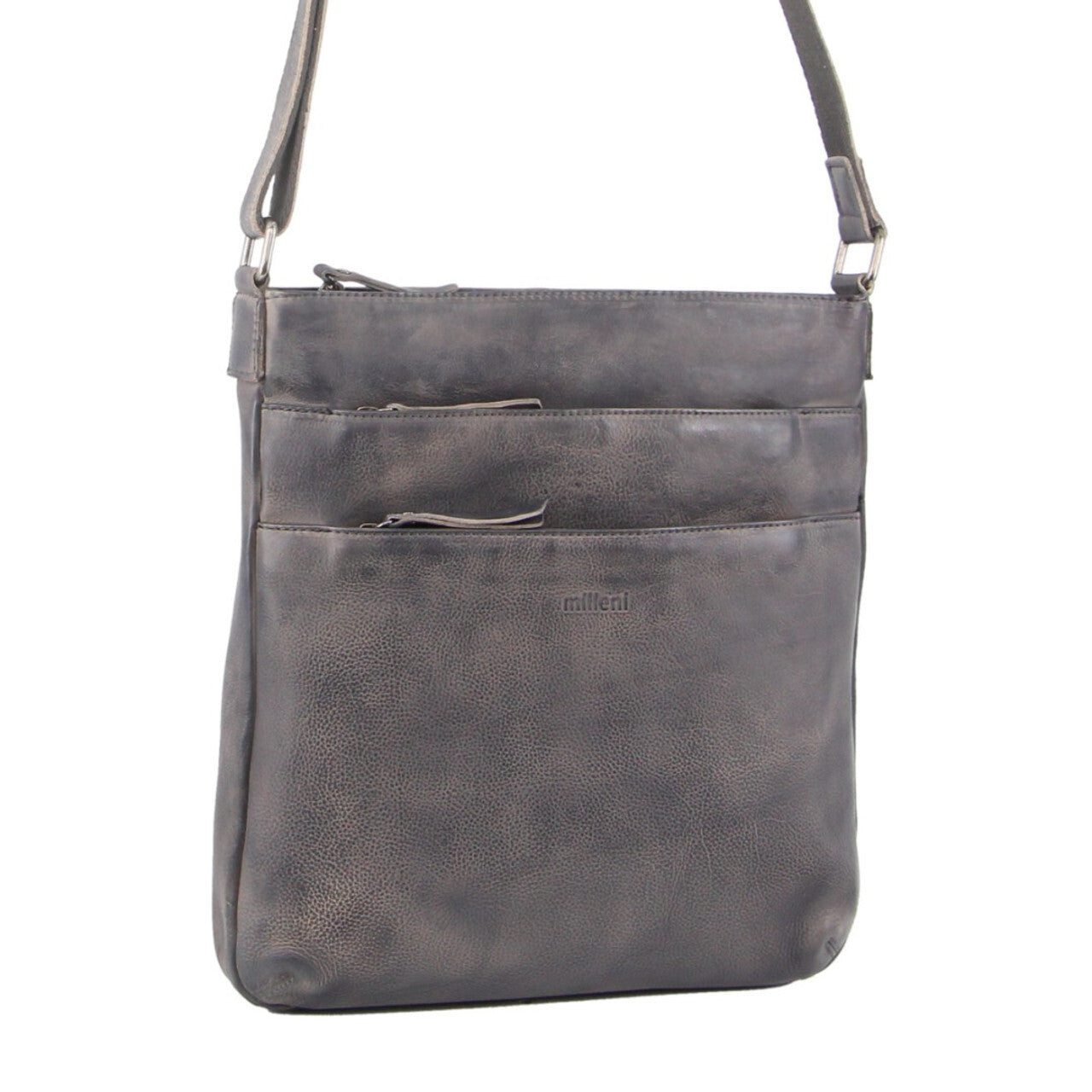Milleni Womens Italian Nappa Leather Crossbody Travel Bag Slate Grey