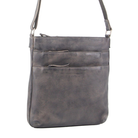 Milleni Womens Italian Nappa Leather Crossbody Travel Bag Slate Grey