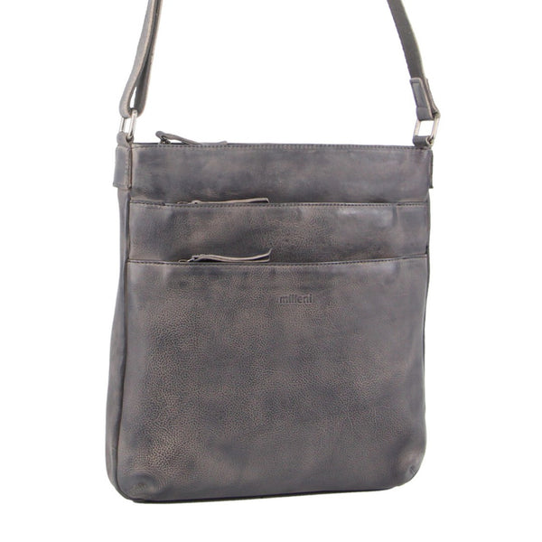 Milleni Womens Italian Nappa Leather Crossbody Travel Bag Slate Grey