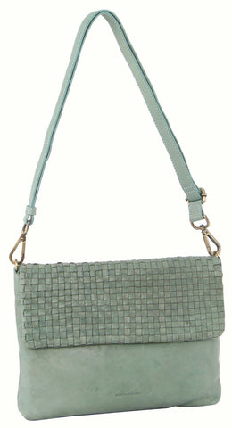 Pierre Cardin Womens Woven Leather Flap Crossbody Clutch Bag Handbag Mint