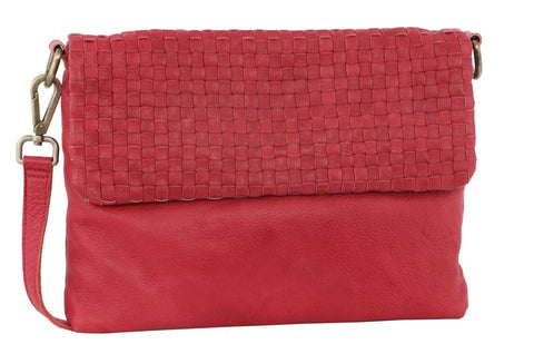 Pierre Cardin Womens Woven Leather Flap Crossbody Clutch Bag Handbag Red