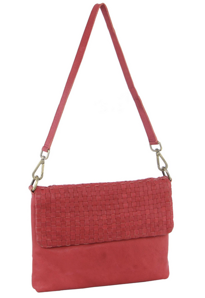 Pierre Cardin Womens Woven Leather Flap Crossbody Clutch Bag Handbag Red
