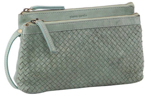 Pierre Cardin Woven Leather Womens Crossbody Shoulder Clutch Bag Mint