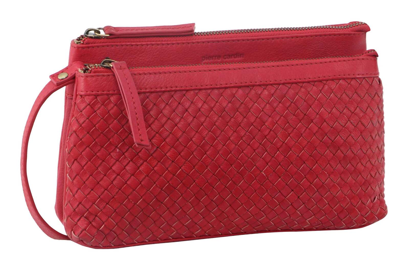 Pierre Cardin Woven Leather Womens Crossbody Shoulder Clutch Bag Red
