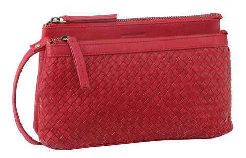 Pierre Cardin Woven Leather Womens Crossbody Shoulder Clutch Bag Red