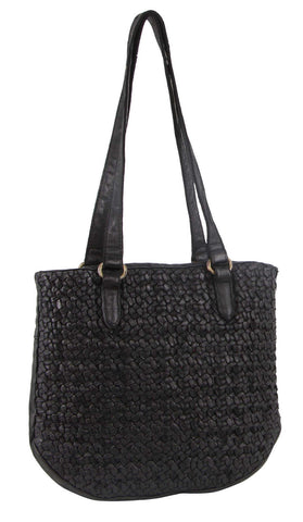 Pierre Cardin Womens Woven Leather Shoulder Bag Handbag Black
