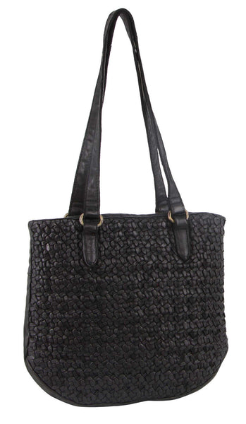 Pierre Cardin Womens Woven Leather Shoulder Bag Handbag Black