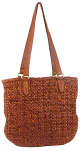 Pierre Cardin Womens Woven Leather Shoulder Bag Handbag Cognac