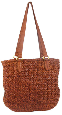 Pierre Cardin Womens Woven Leather Shoulder Bag Handbag Cognac